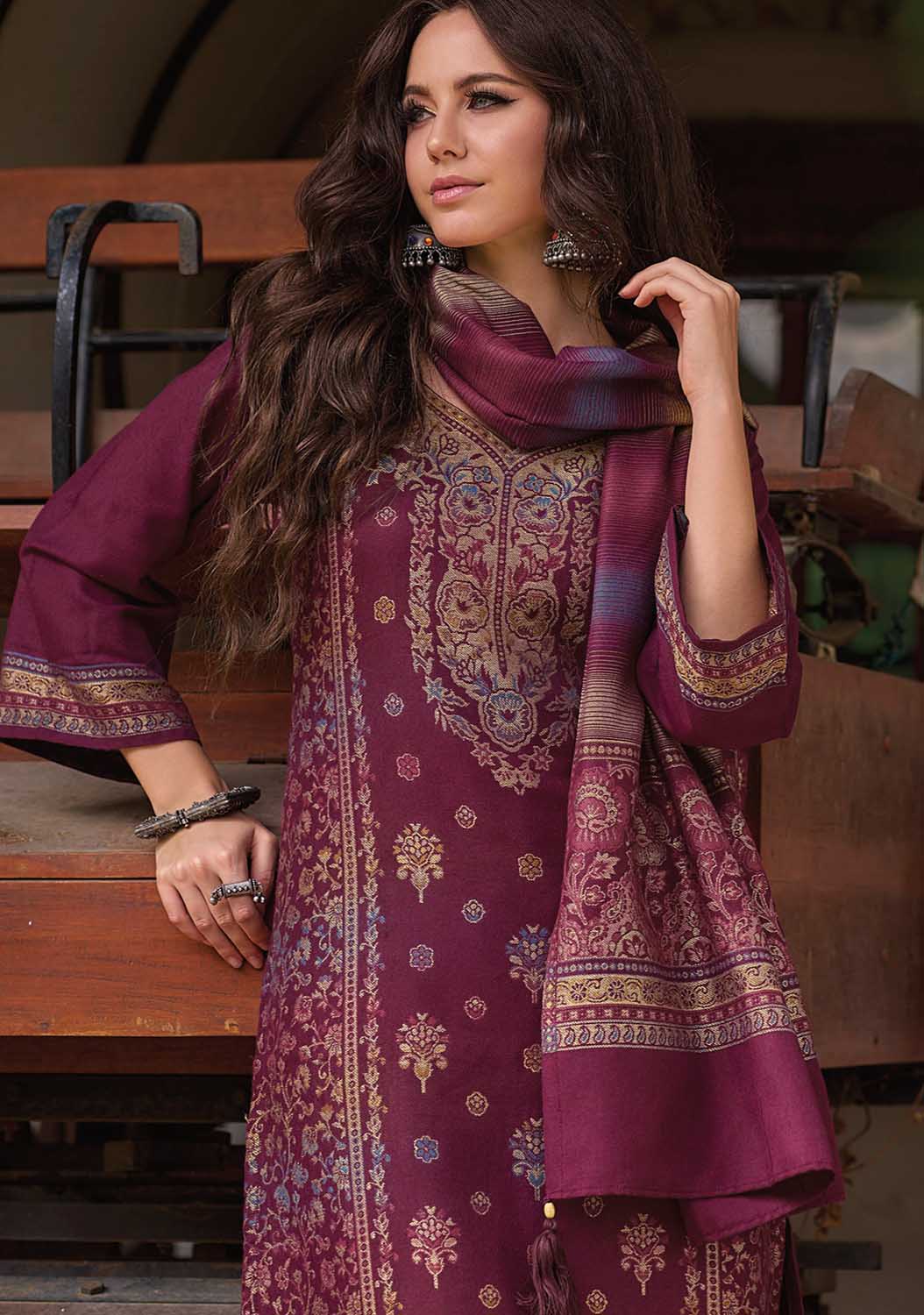 Pure Handloom Maroon Unstitched Pashmina Winter Suits Set for Women Kilory Trends