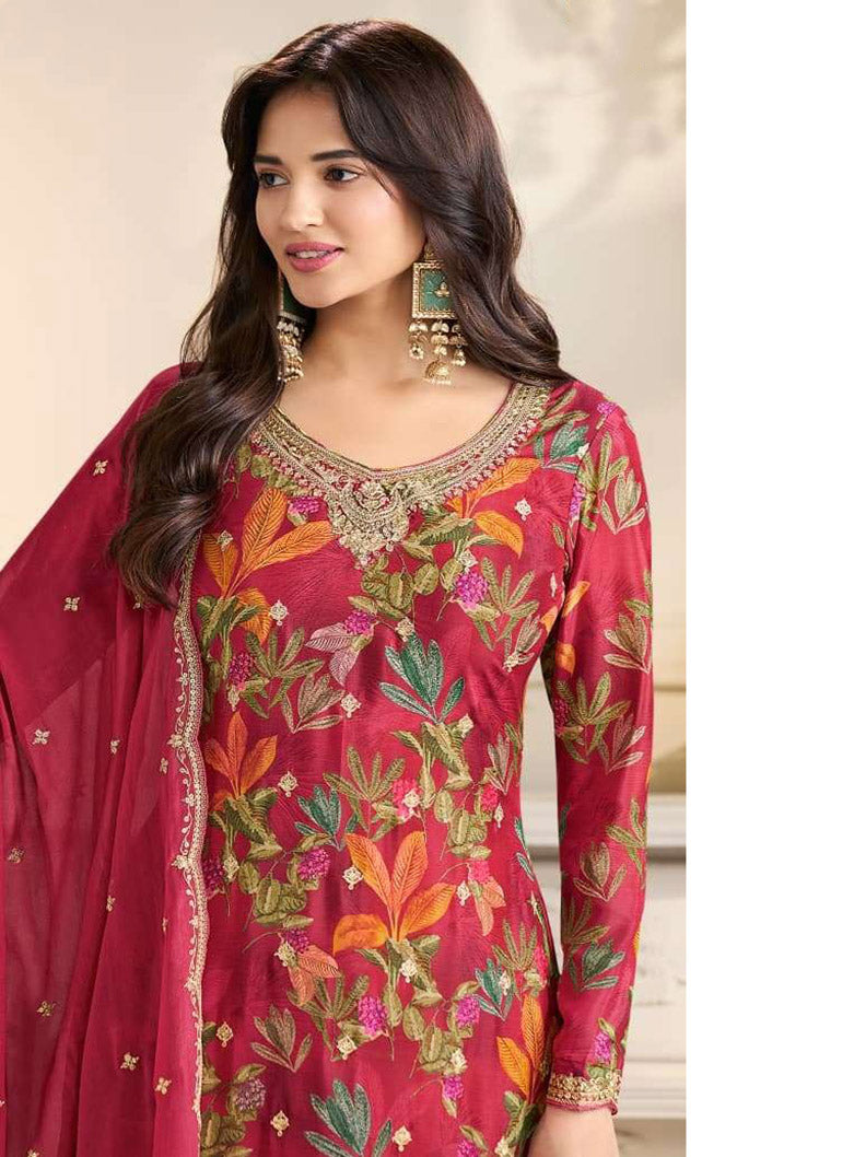 Party Wear Chinnon Red Unstitched Suit Dress Material with Embroidery