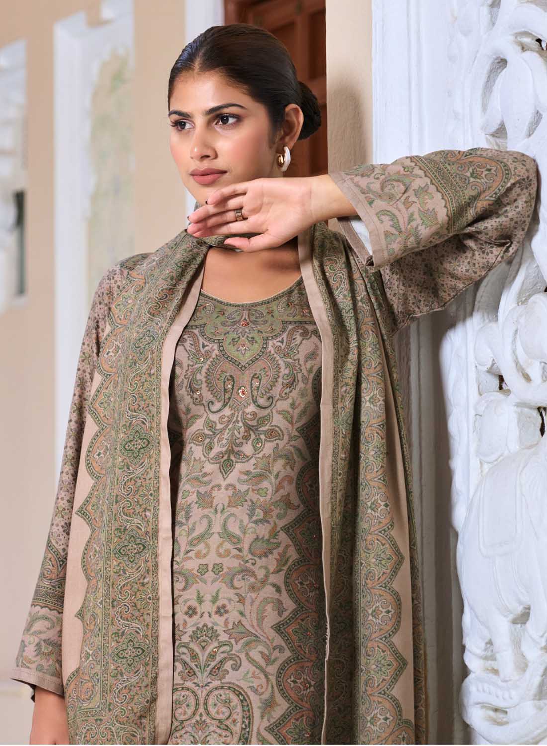 Brown Viscose Pashmina Kashmiri Print Unstitched Winter Suit Material