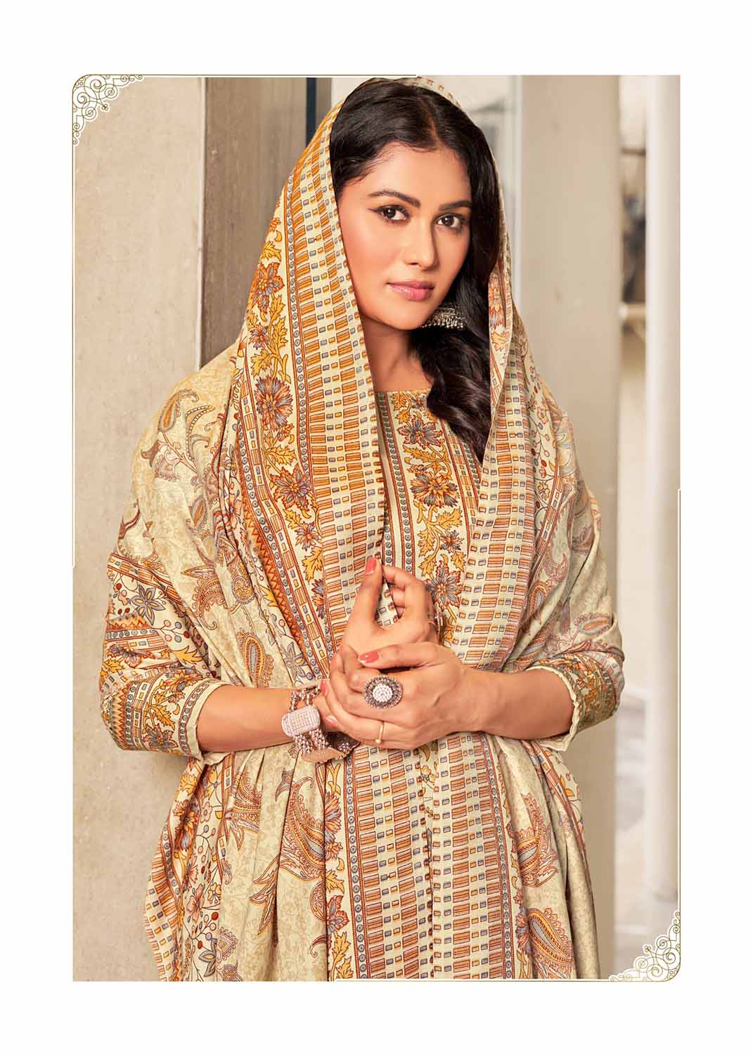 Pashmina Winter Unstitched Beige Suit Dress Material for Women Radha Fab
