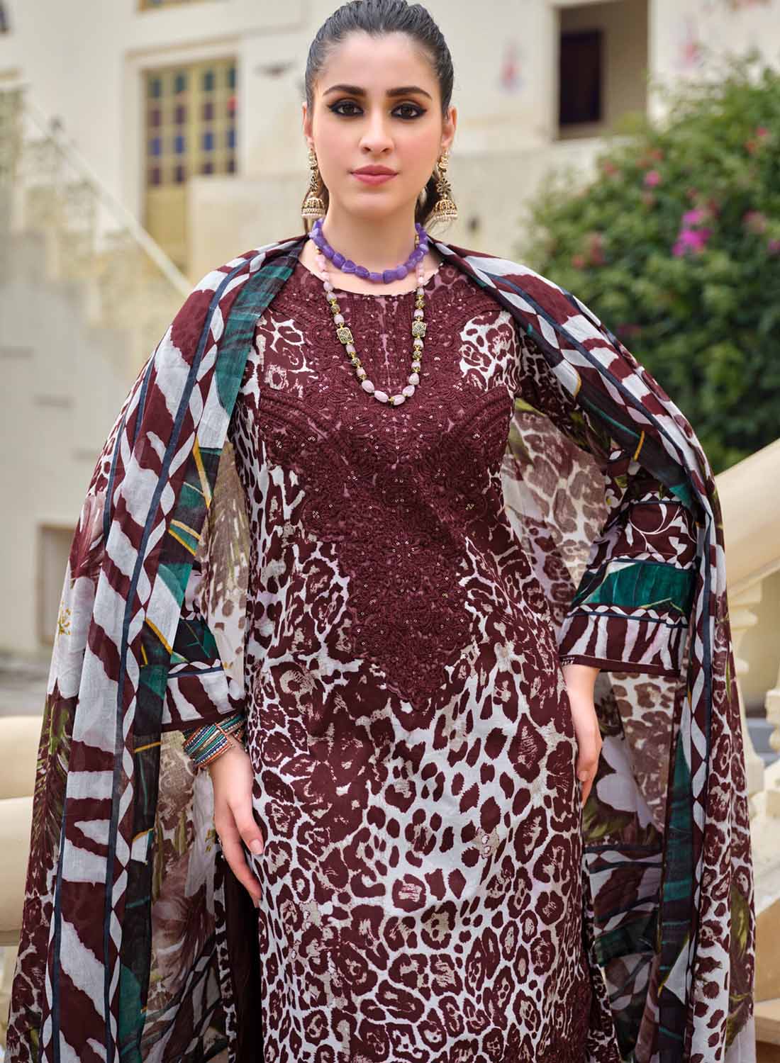 Maroon Unstitched Cotton Pakistani Suit Dress Material with Embroidery