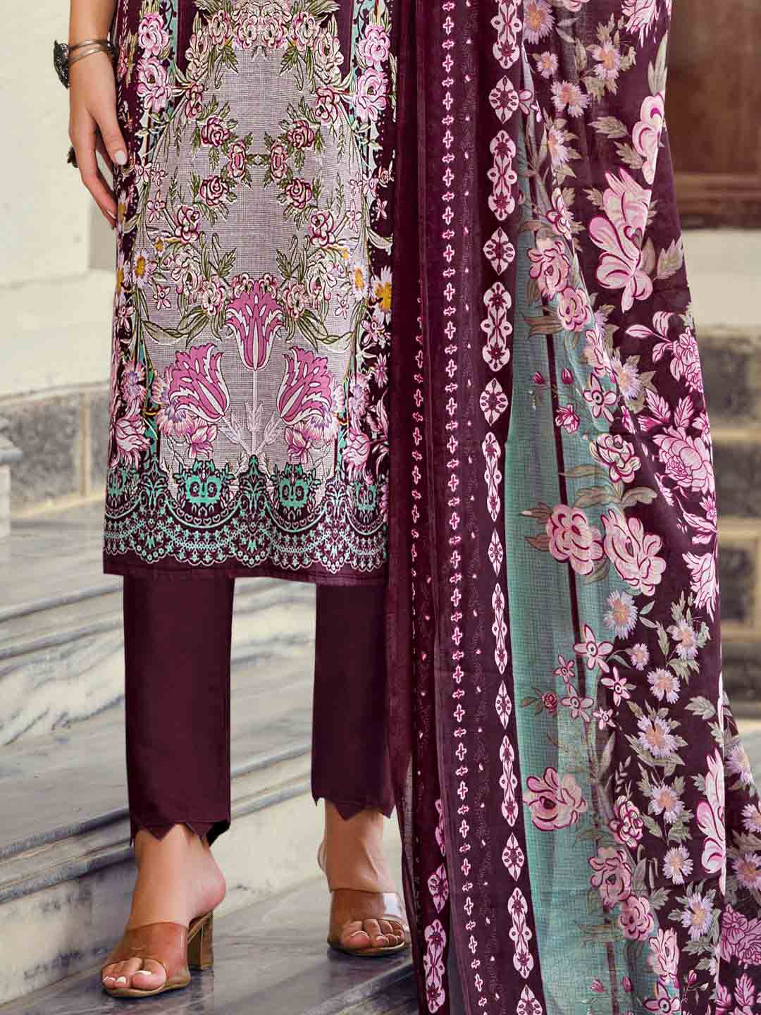 Women Pakistani Print Unstitched Cotton Salwar Suit Material with Embroidery