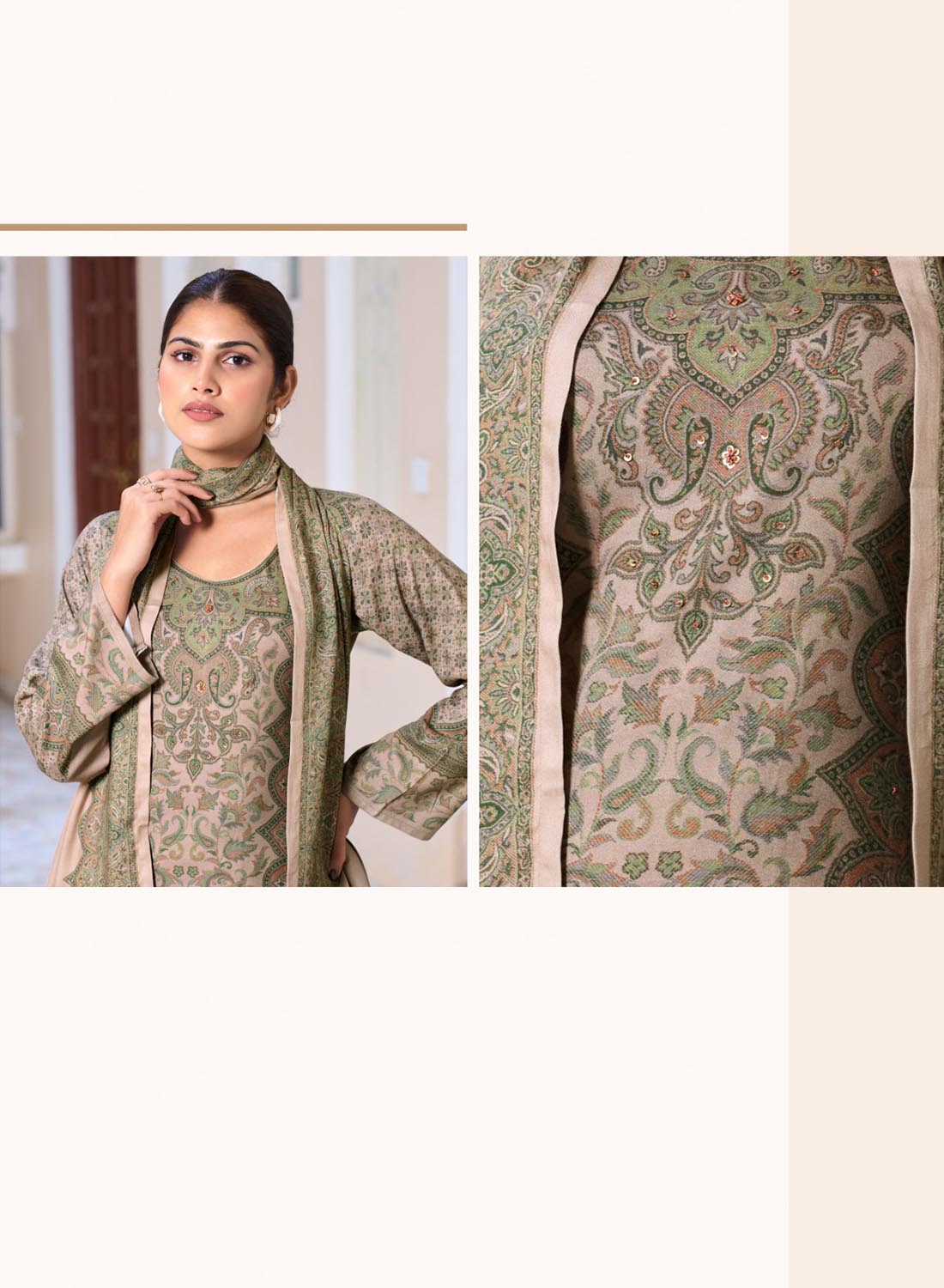 Brown Viscose Pashmina Kashmiri Print Unstitched Winter Suit Material