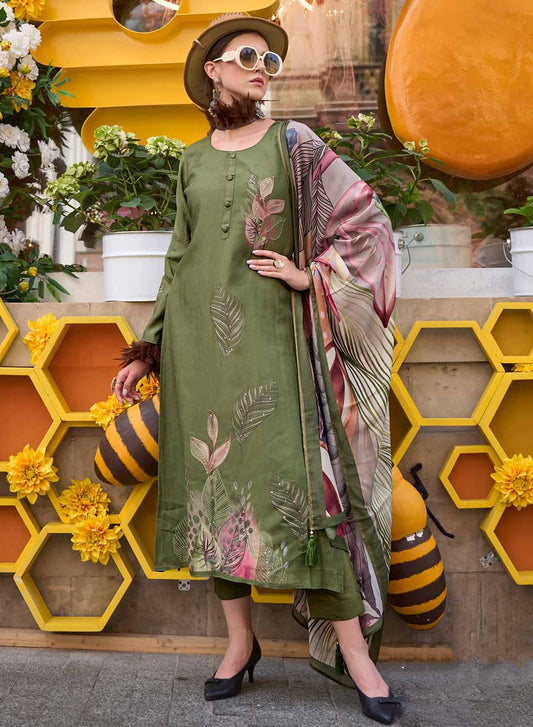 Green Party Wear Pure Muslin Unstitched Suit Dress Material for Women