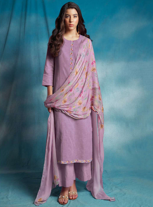 Ganga Women's Purple Unstitched Cotton Linen Printed Salwar Suit Material