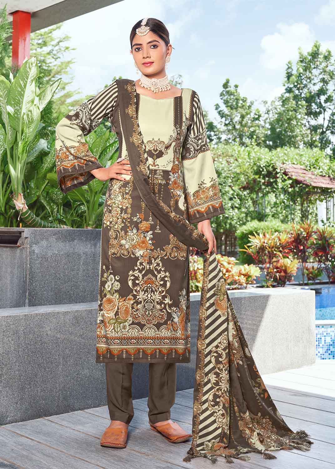 Pakistani Print Pashmina Winter Suit Dress Materials for Ladies Radha Fab