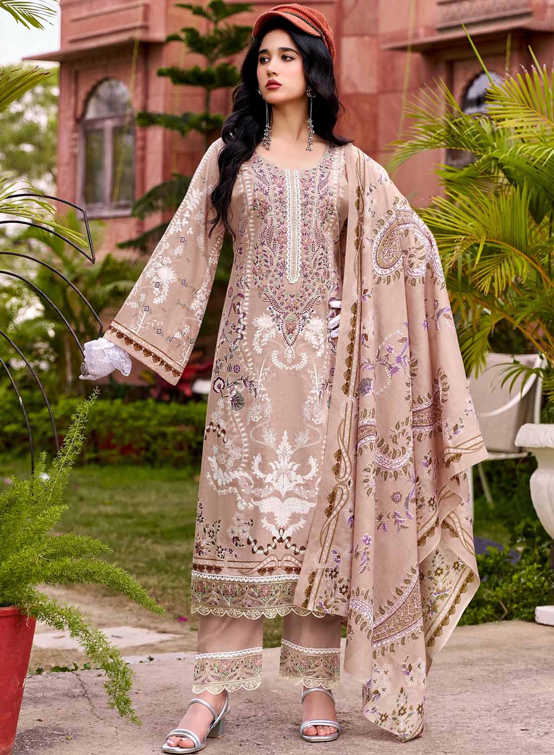 Pure Cotton Unstitched Pakistani Suit Dress Material with Embroidery Brown