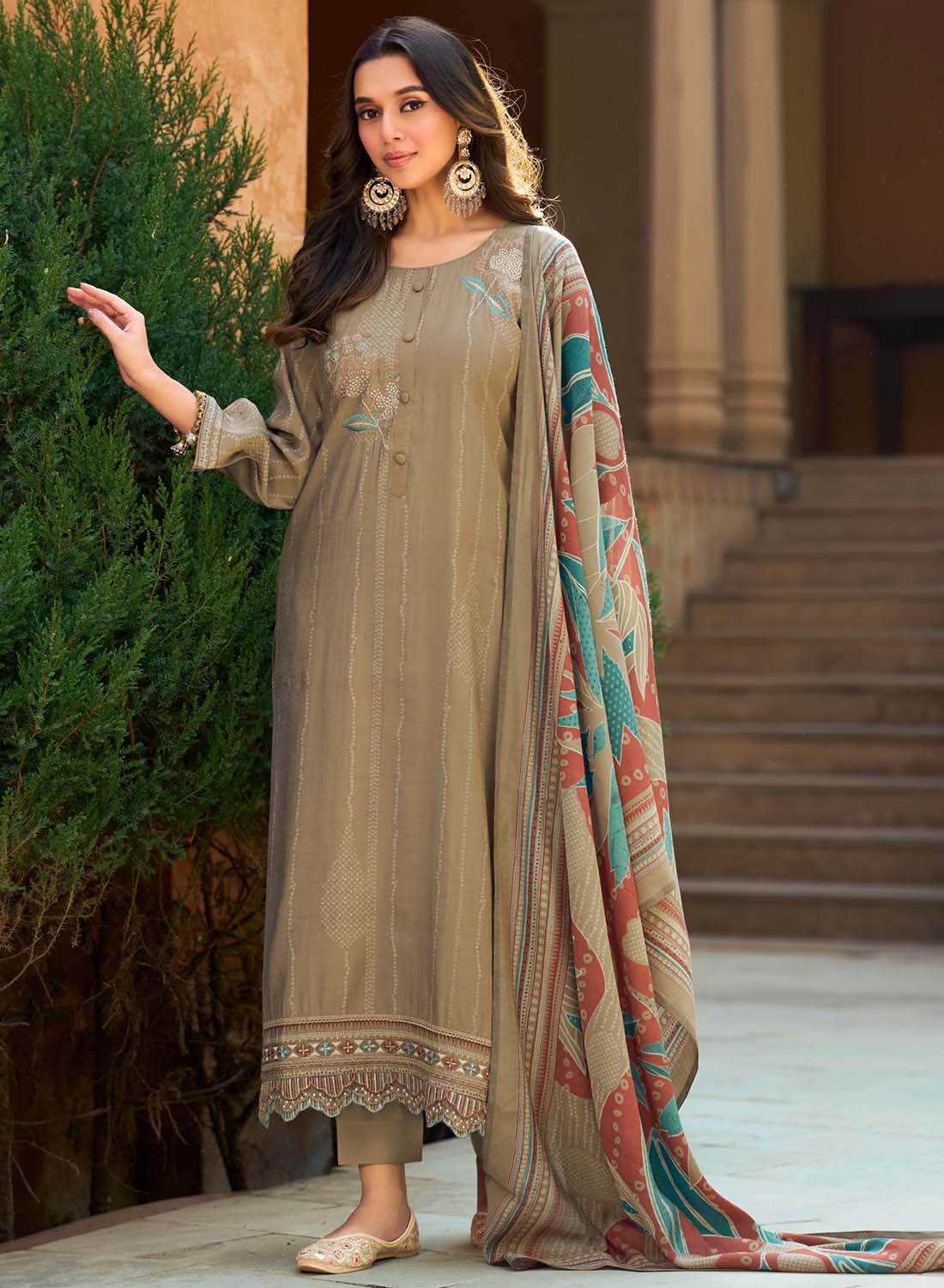 Fancy Muslin Silk Brown Unstitched Salwar Suit Material for Women