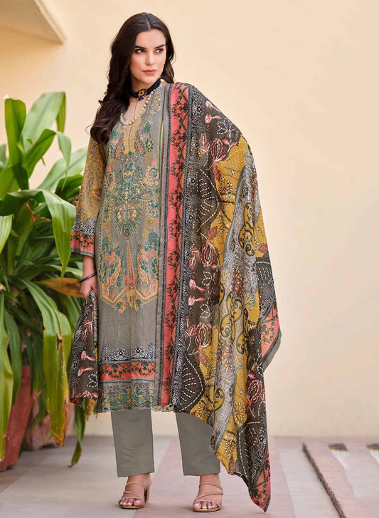 Grey Pure Cotton Pakistani Print Unstitched Suit Material for Women