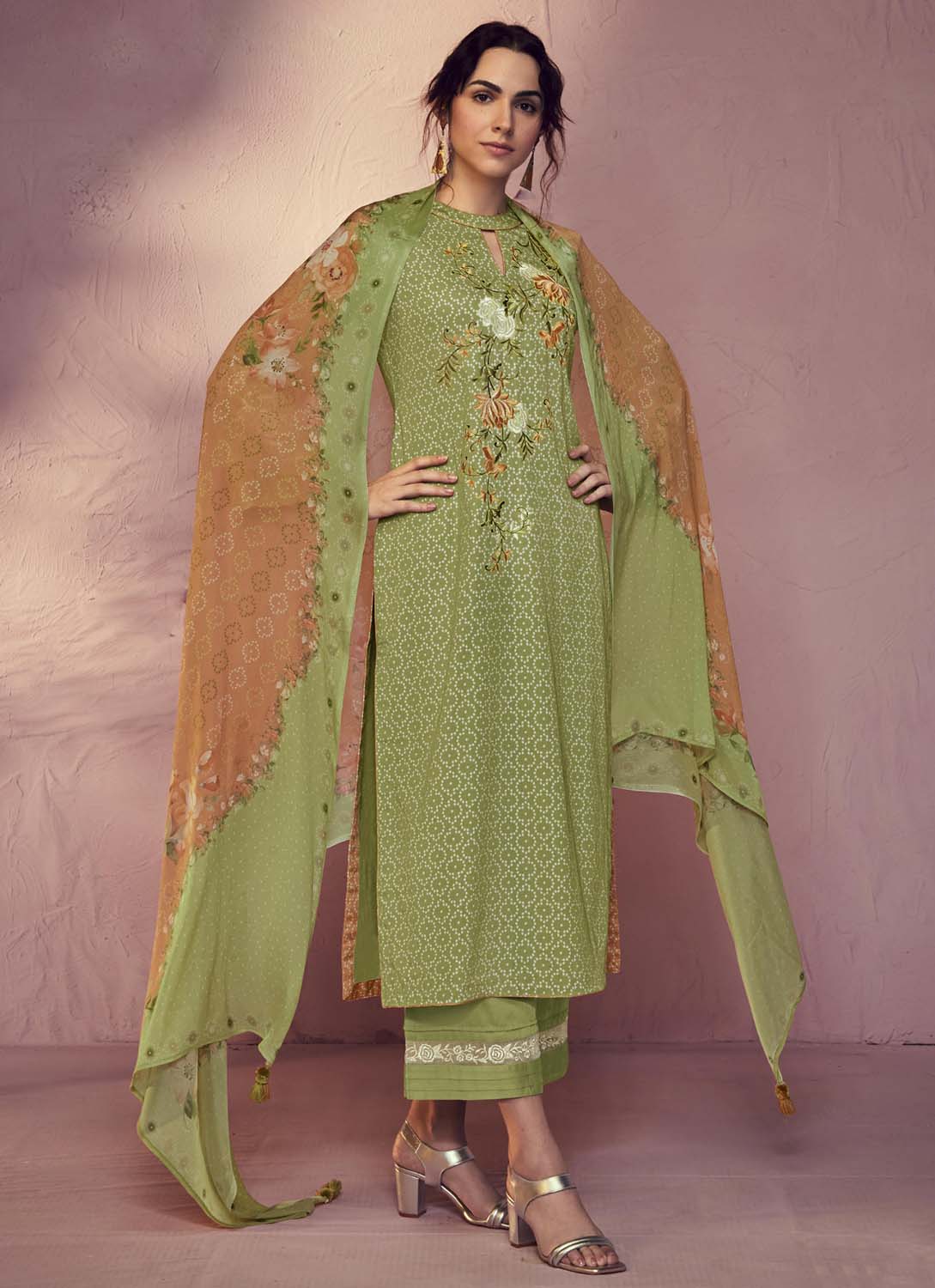 Kimora Green Cotton Satin Unstitched Suit Dress Material for Women Kimora