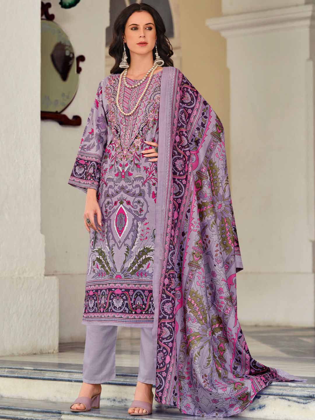 Women Pakistani Print Unstitched Cotton Suit Dress Material with Embroidery