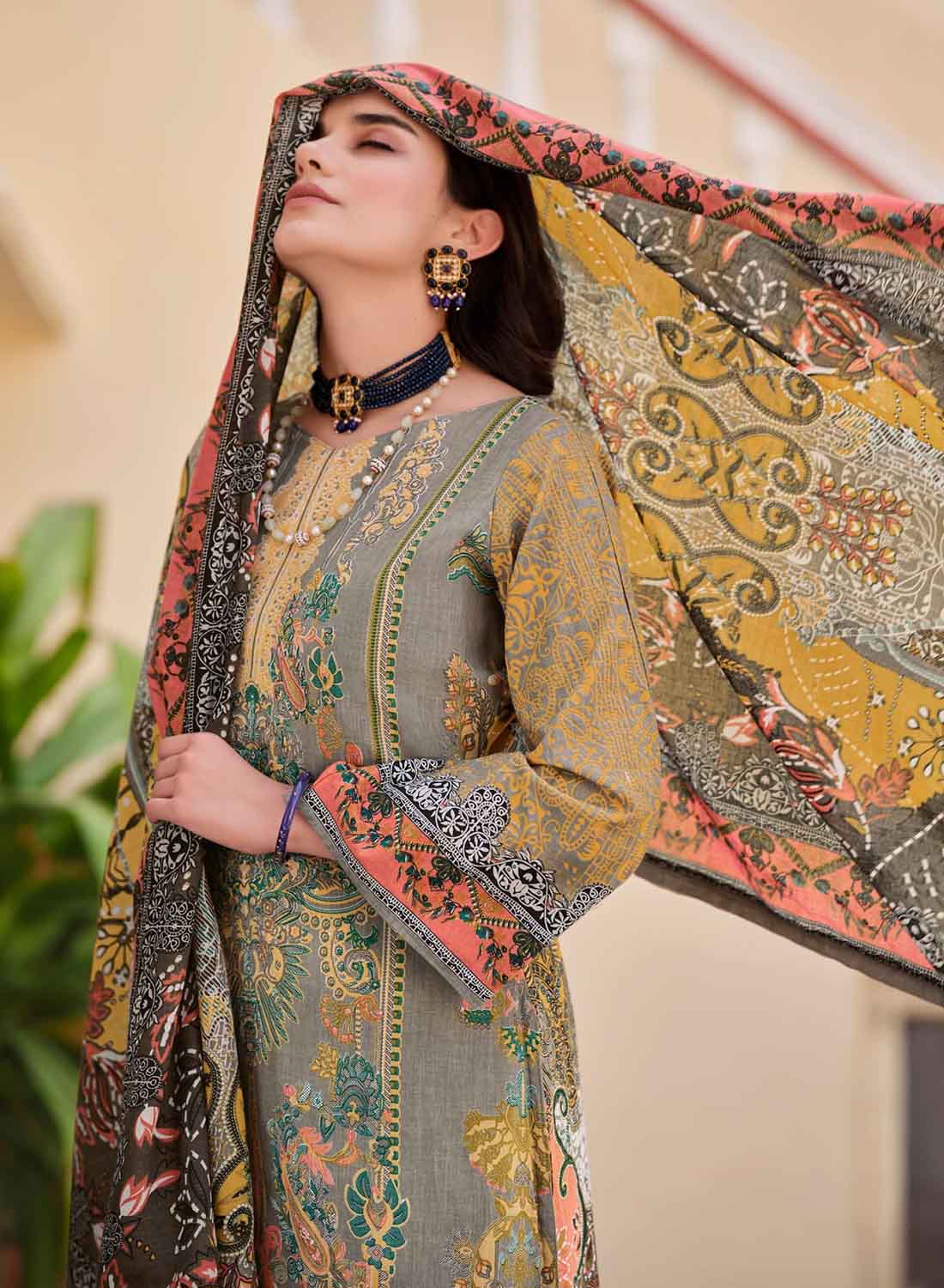 Grey Pure Cotton Pakistani Print Unstitched Suit Material for Women