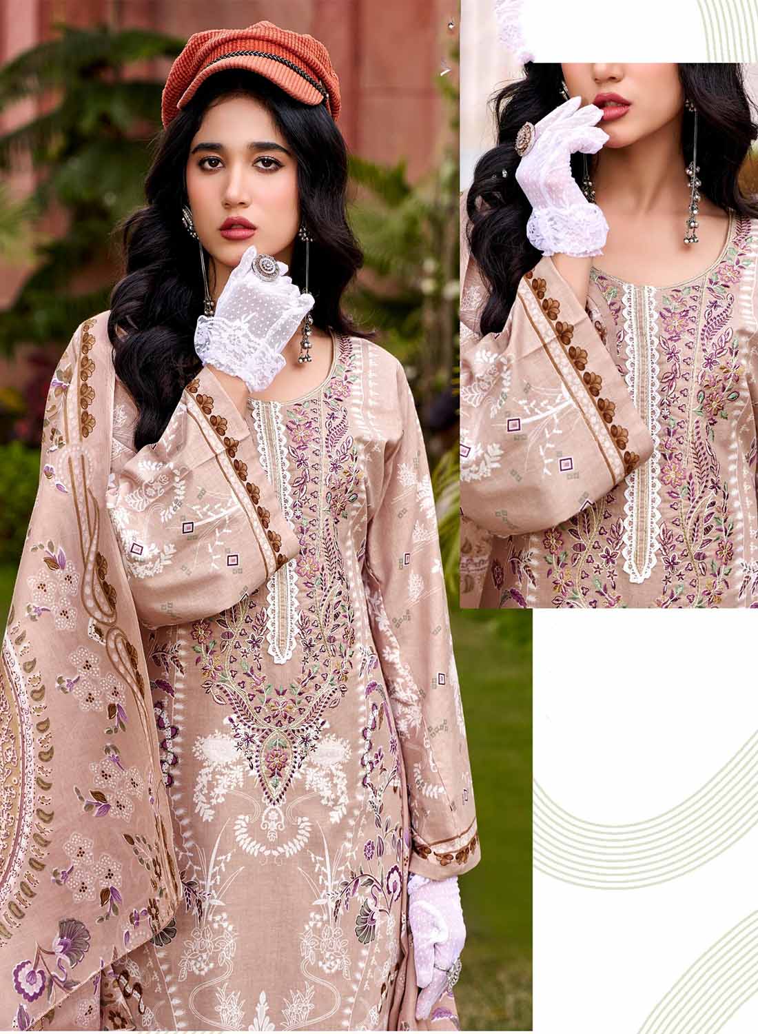 Pure Cotton Unstitched Pakistani Suit Dress Material with Embroidery Brown