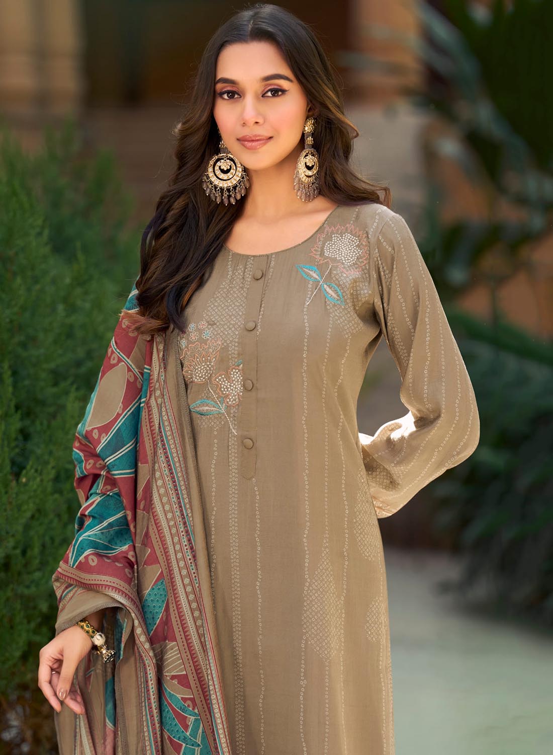 Fancy Muslin Silk Brown Unstitched Salwar Suit Material for Women