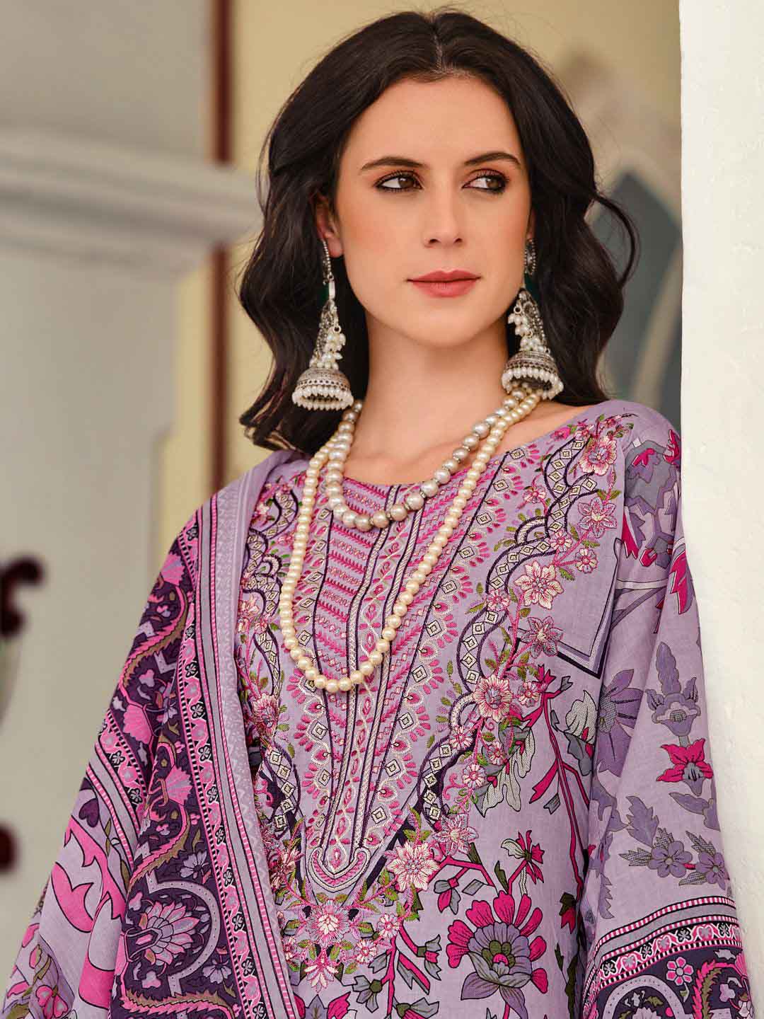 Women Pakistani Print Unstitched Cotton Suit Dress Material with Embroidery