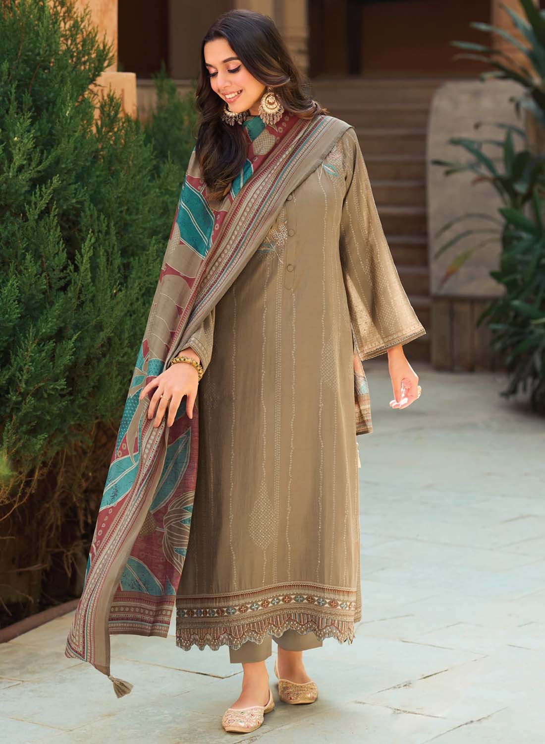 Fancy Muslin Silk Brown Unstitched Salwar Suit Material for Women