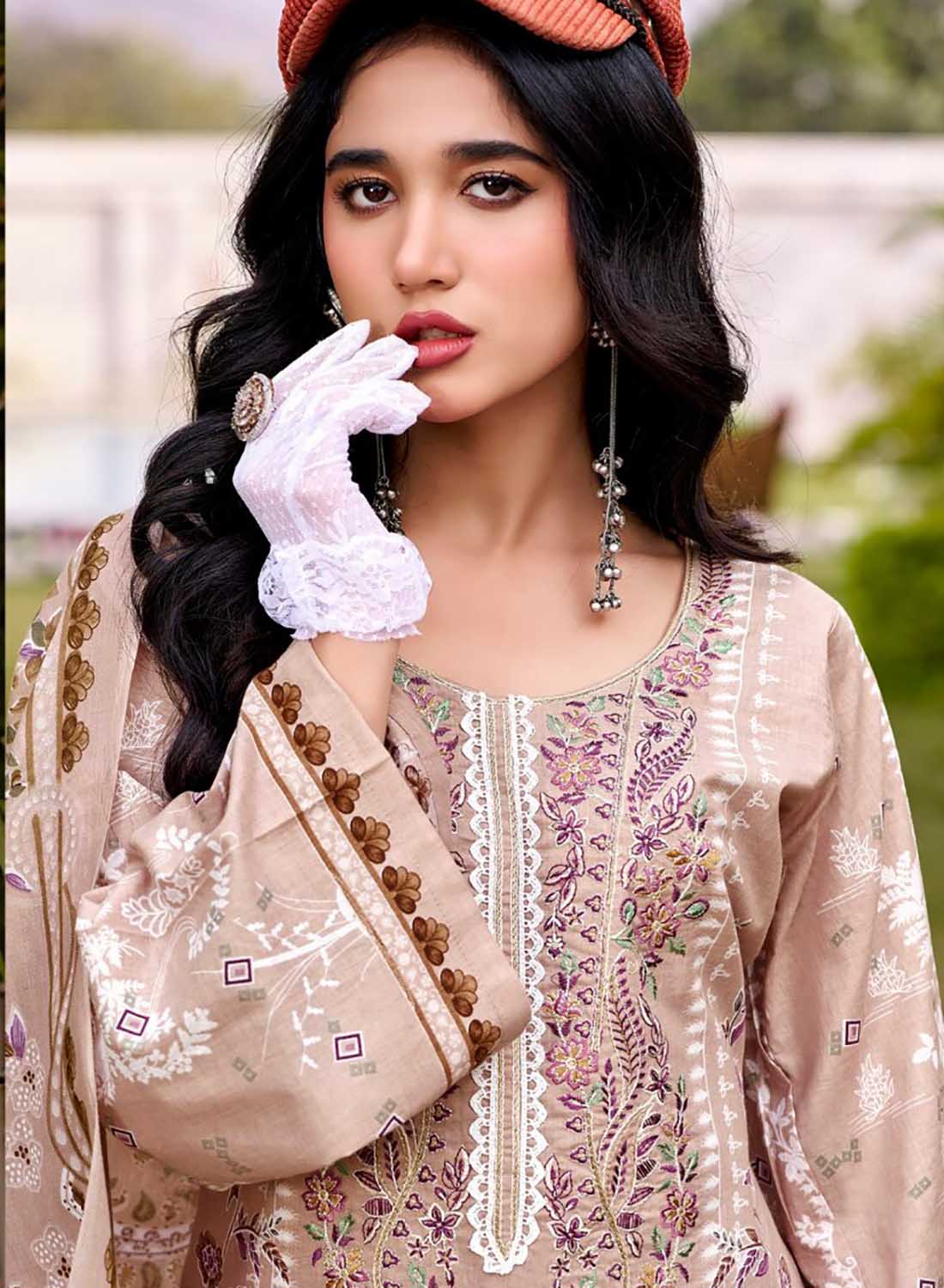 Pure Cotton Unstitched Pakistani Suit Dress Material with Embroidery Brown