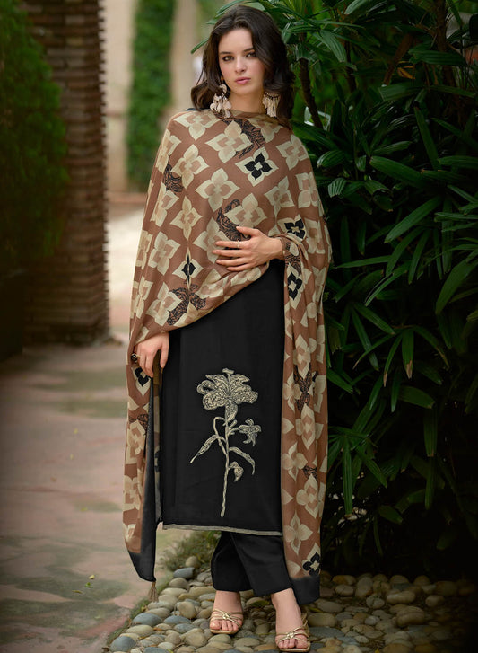 Black Viscose Pashmina Unstitched Winter Salwar Suit Dress Material