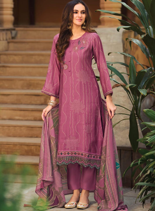 Fancy Muslin Silk Pink Unstitched Salwar Suit Material for Women