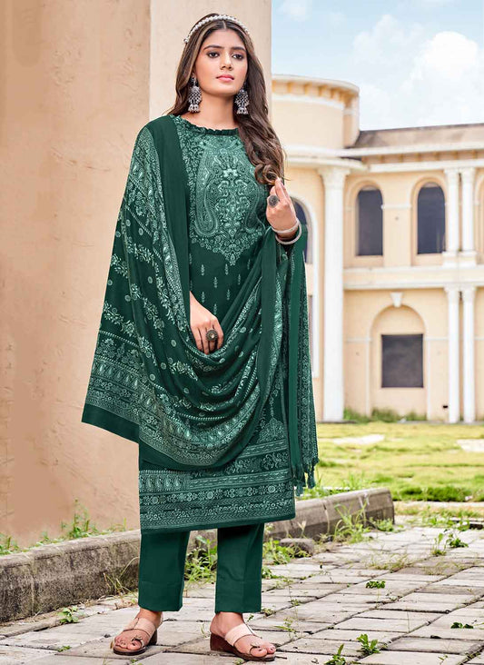 Unstitched Green Pashmina Winter Ladies Suit Dress Material with Shawl