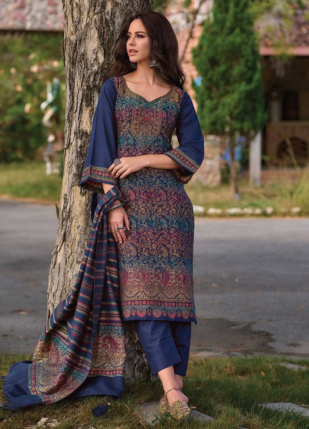 Pure Handloom Unstitched Blue Pashmina Winter Suits Set for Women Kilory Trends