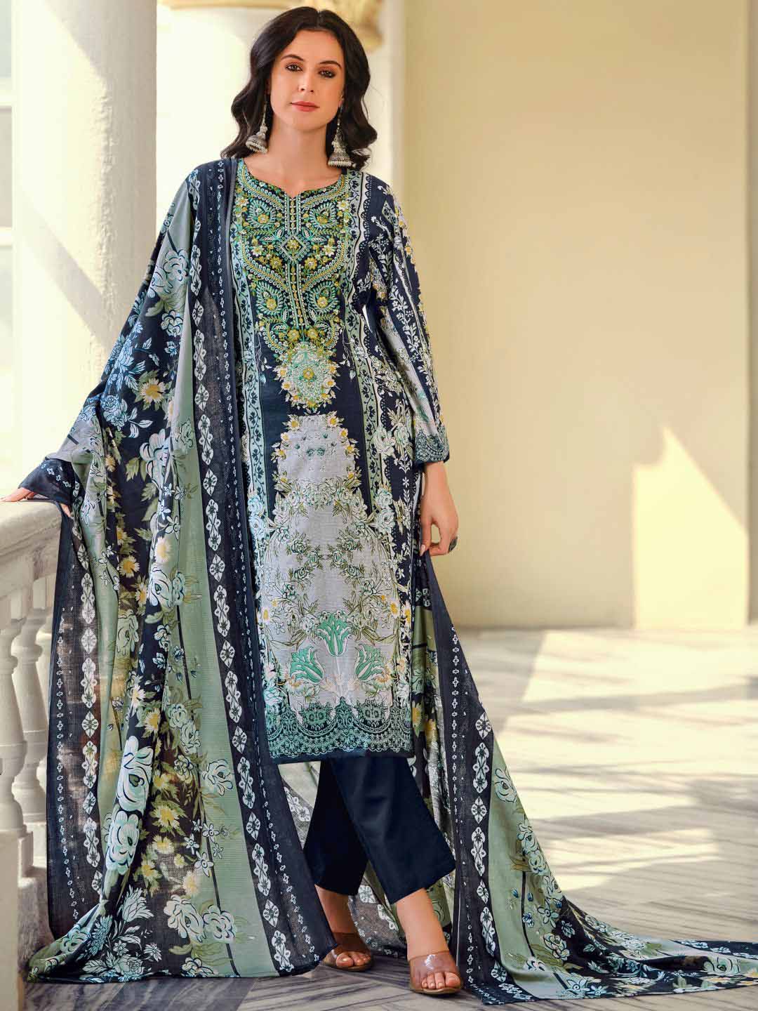 Blue Pakistani Print Unstitched Cotton Salwar Suit Material with Embroidery