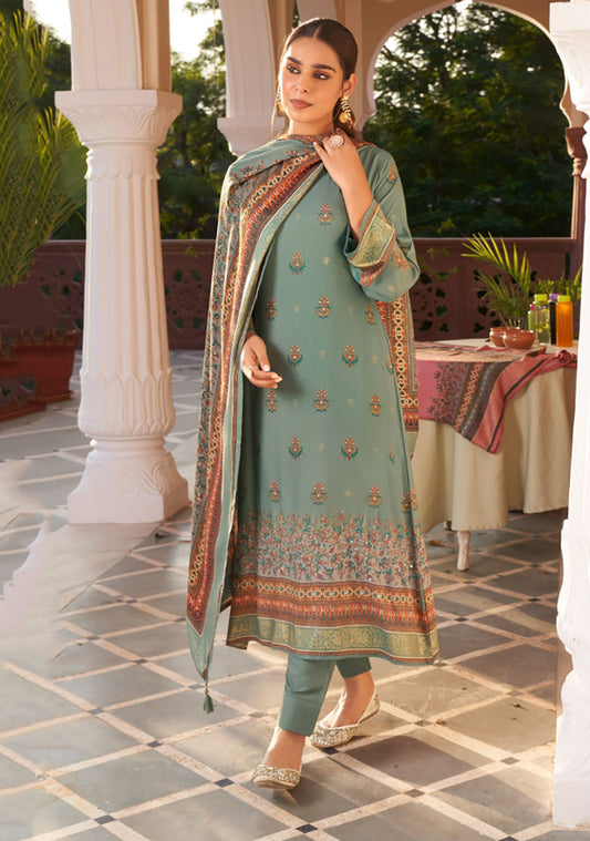 Unstitched Pista Green Pashmina Winter Salwar Suit Dress Materials