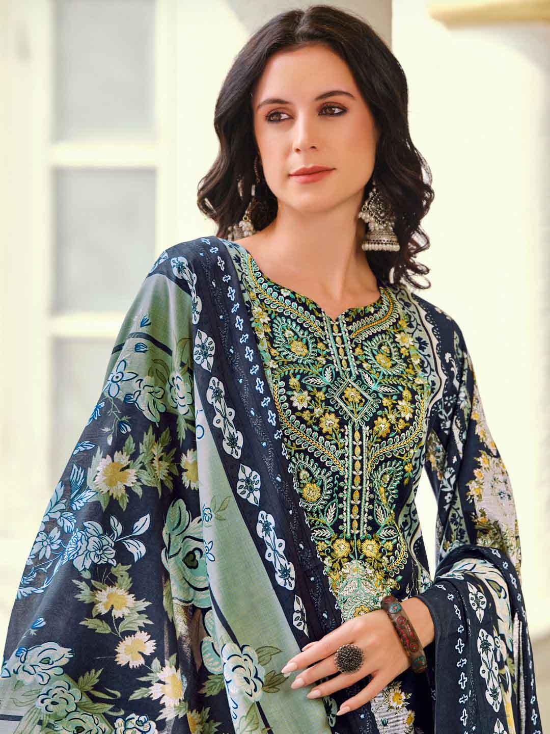 Blue Pakistani Print Unstitched Cotton Salwar Suit Material with Embroidery