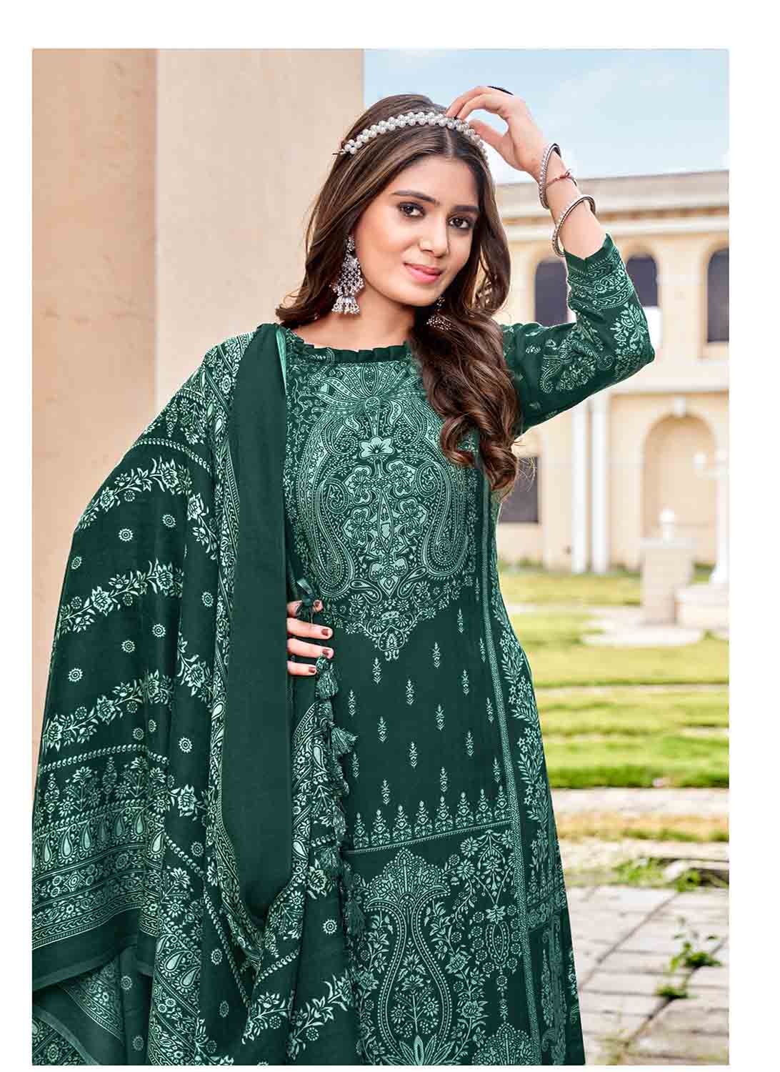 Unstitched Green Pashmina Winter Ladies Suit Dress Material with Shawl