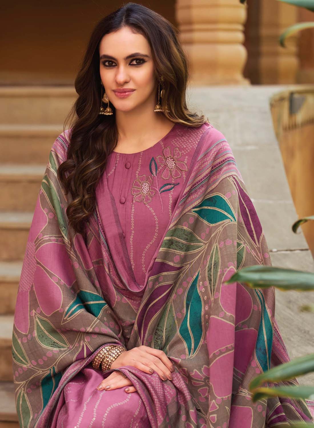 Fancy Muslin Silk Pink Unstitched Salwar Suit Material for Women