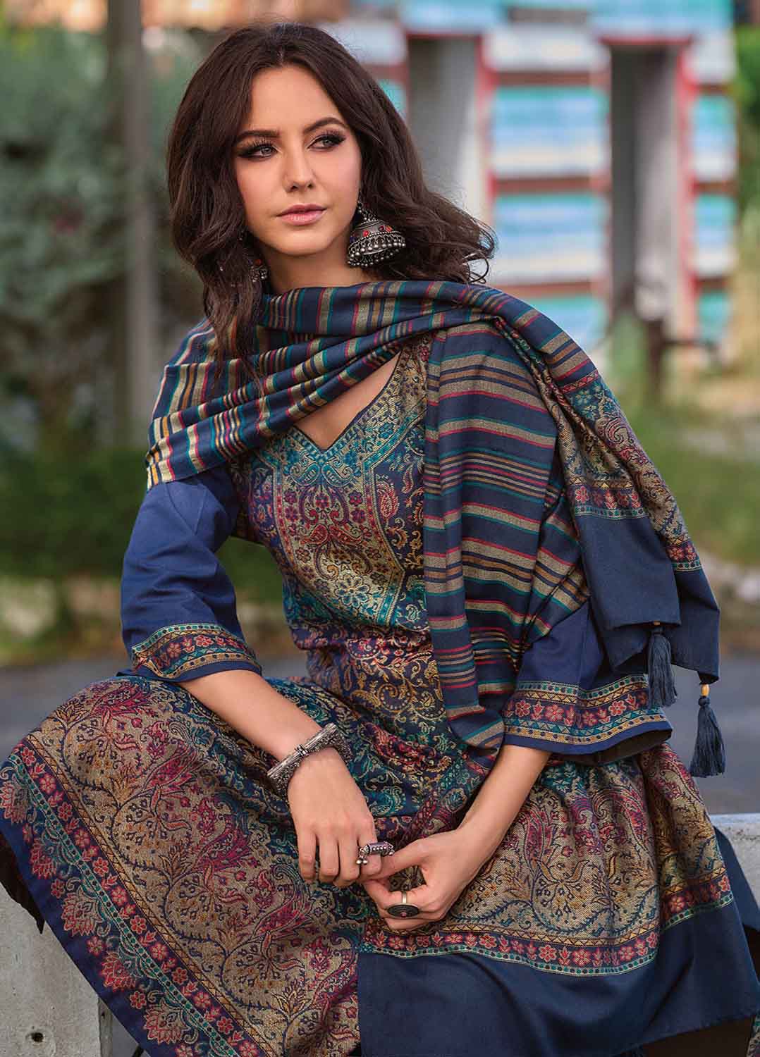 Pure Handloom Unstitched Blue Pashmina Winter Suits Set for Women Kilory Trends