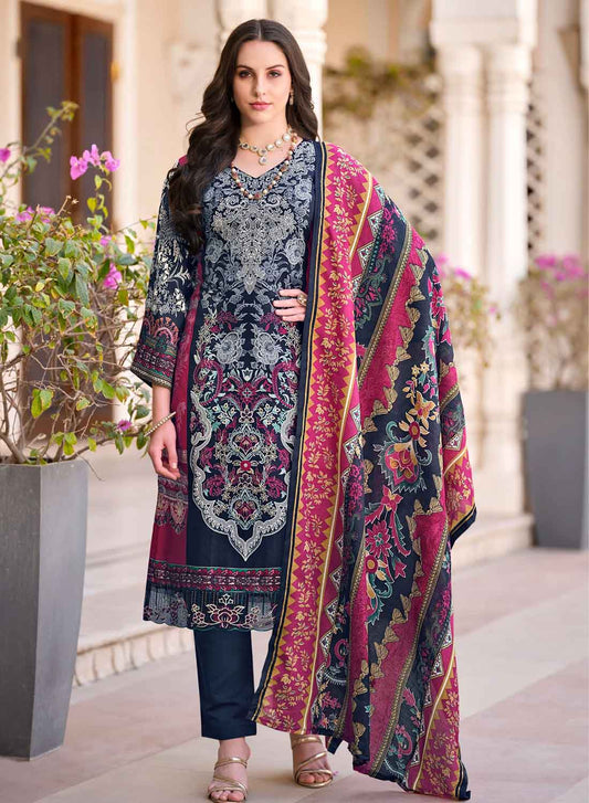 Blue Pure Cotton Pakistani Print Unstitched Suit Dress Material for Women