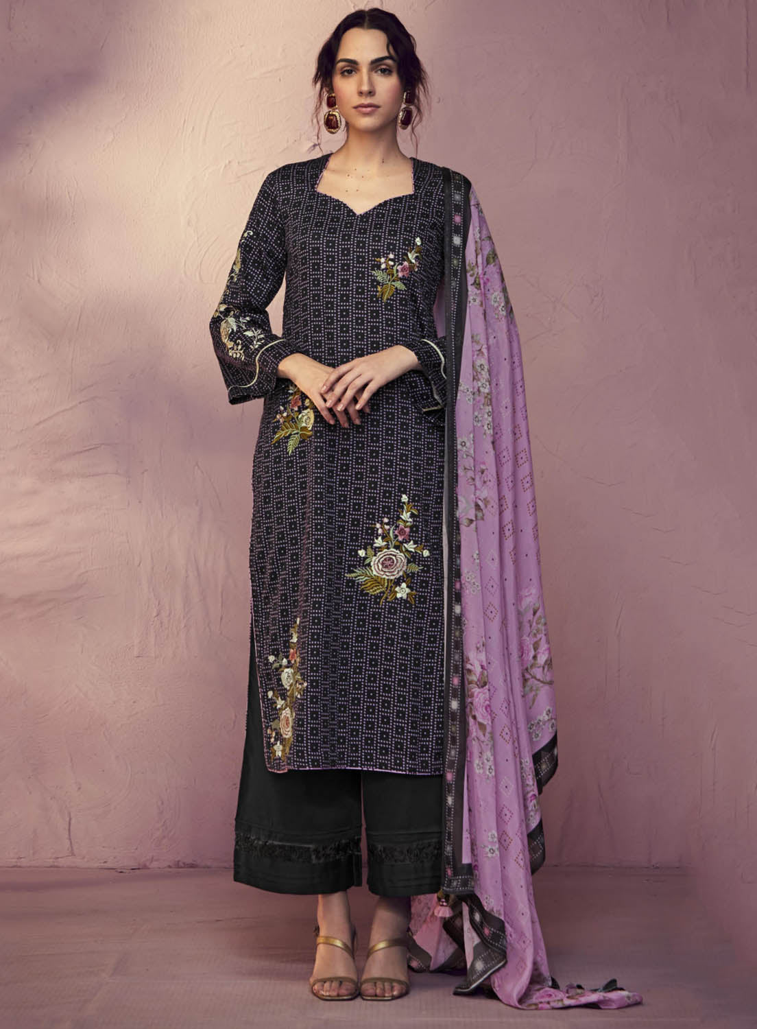 Kimora Black Cotton Satin Unstitched Suit Dress Material for Women Kimora