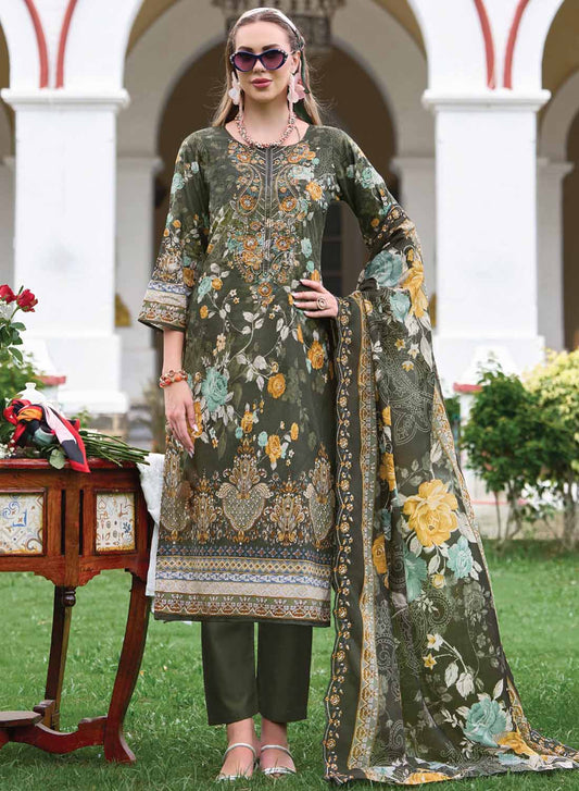 Pure Cotton Green Unstitched Pakistani Suit Material with Neck Embroidery