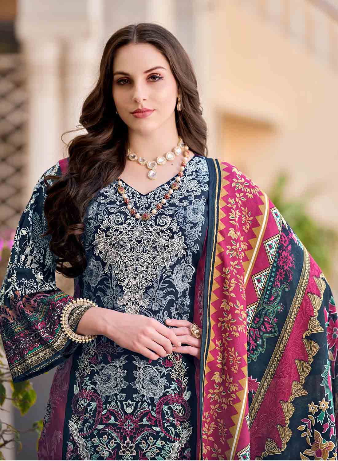 Blue Pure Cotton Pakistani Print Unstitched Suit Dress Material for Women