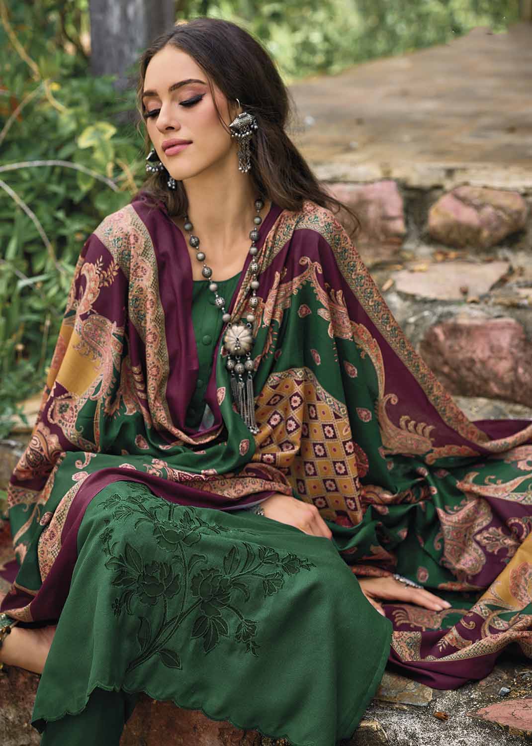 Pure Pashmina Unstitched Green Women Winter Suit Dress Materials IBIZA
