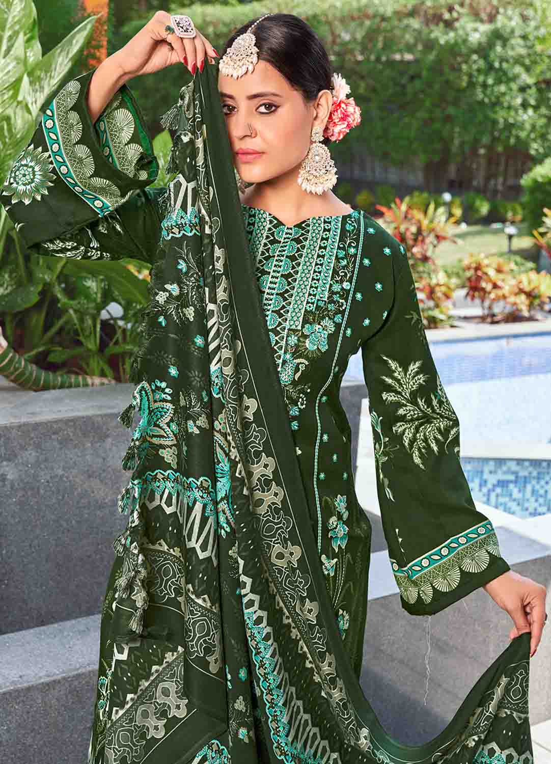 Pakistani Print Green Pashmina Winter Suit Dress Material for Ladies Radha Fab