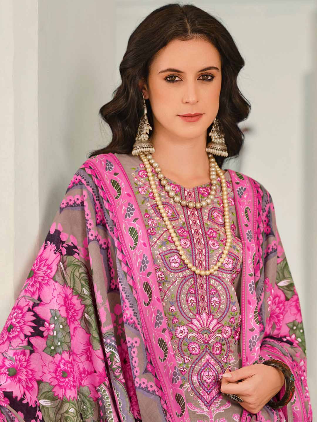 Women's Unstitched Pakistani Print Cotton Suit Dress Material with Embroidery