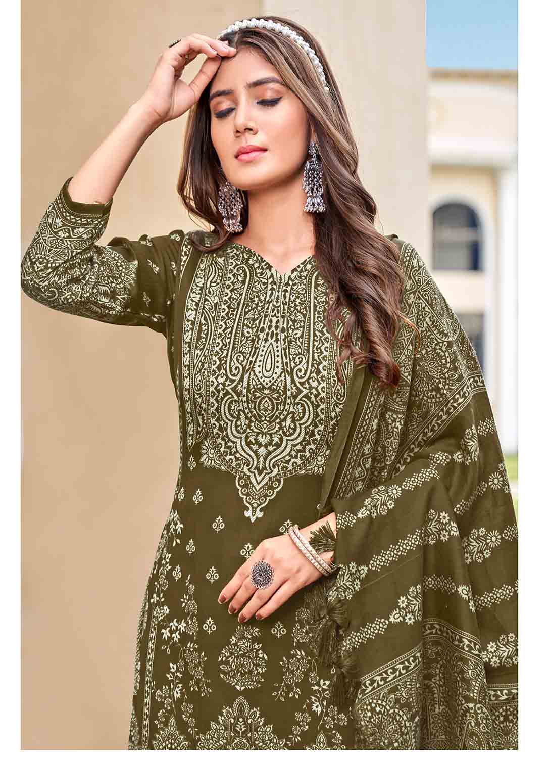 Unstitched Green Pashmina Winter Women Suit Dress Material with Shawl Radha Fab