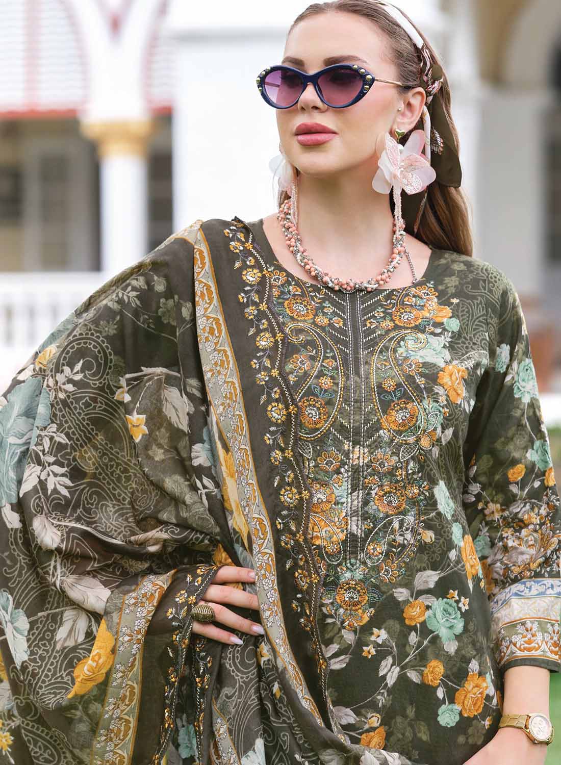 Pure Cotton Green Unstitched Pakistani Suit Material with Neck Embroidery