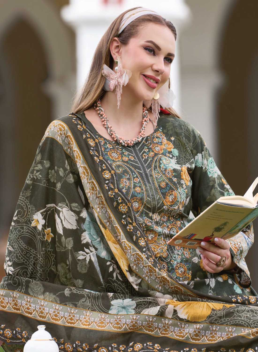 Pure Cotton Green Unstitched Pakistani Suit Material with Neck Embroidery