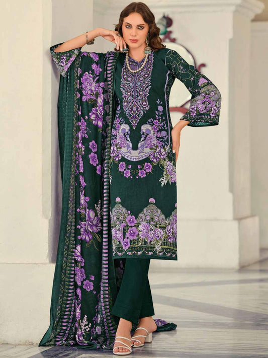 Green Pakistani Print Unstitched Cotton Suit Dress Material with Embroidery