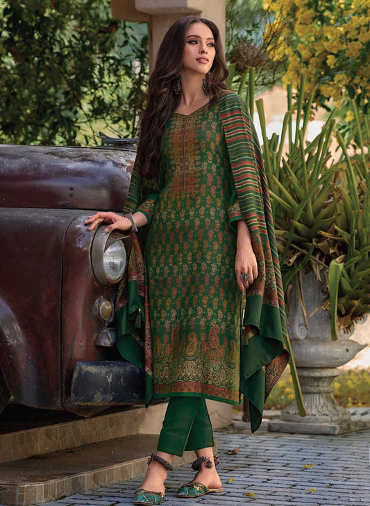 Pure Handloom Unstitched Green Pashmina Winter Suits Set for Women Kilory Trends