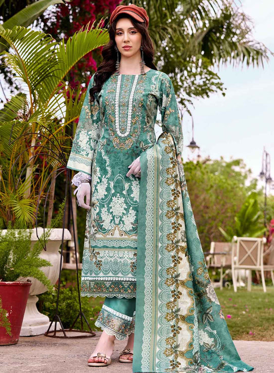 Pure Cotton Unstitched Pakistani Suit Dress Material with Embroidery Green