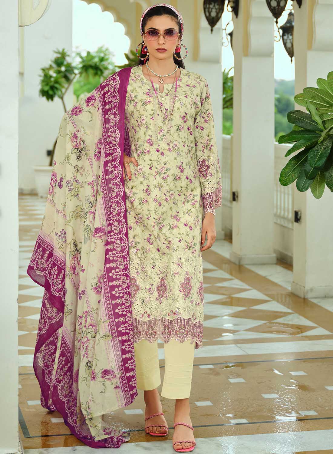 Pure Cotton Unstitched Pakistani Suit Dress Material with Embroidery Cream