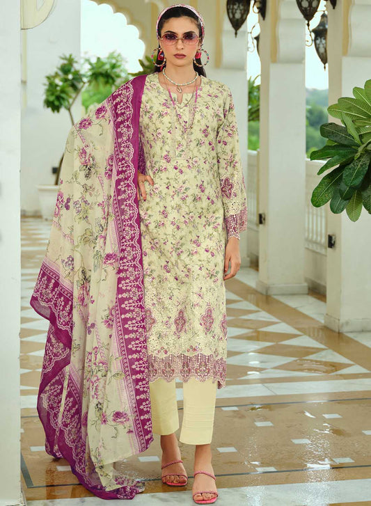 Pure Cotton Unstitched Pakistani Suit Dress Material with Embroidery Cream