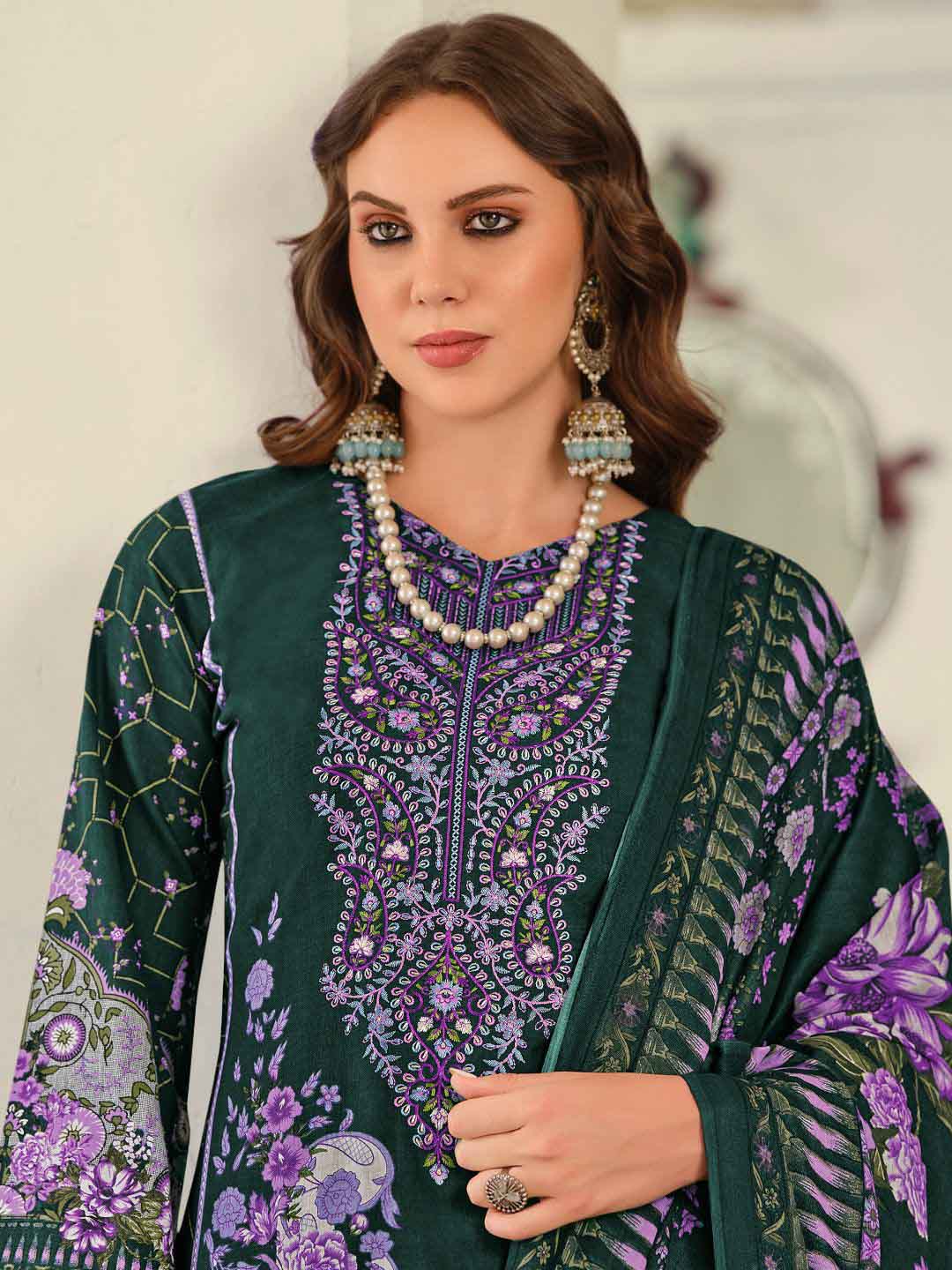 Green Pakistani Print Unstitched Cotton Suit Dress Material with Embroidery