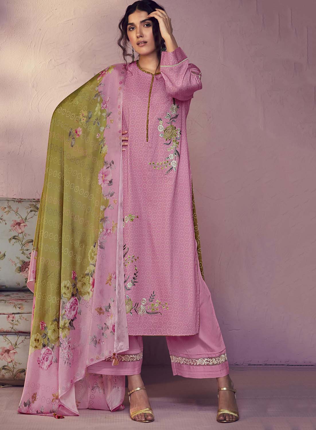 Kimora Pink Cotton Satin Unstitched Suit Dress Material for Women Kimora