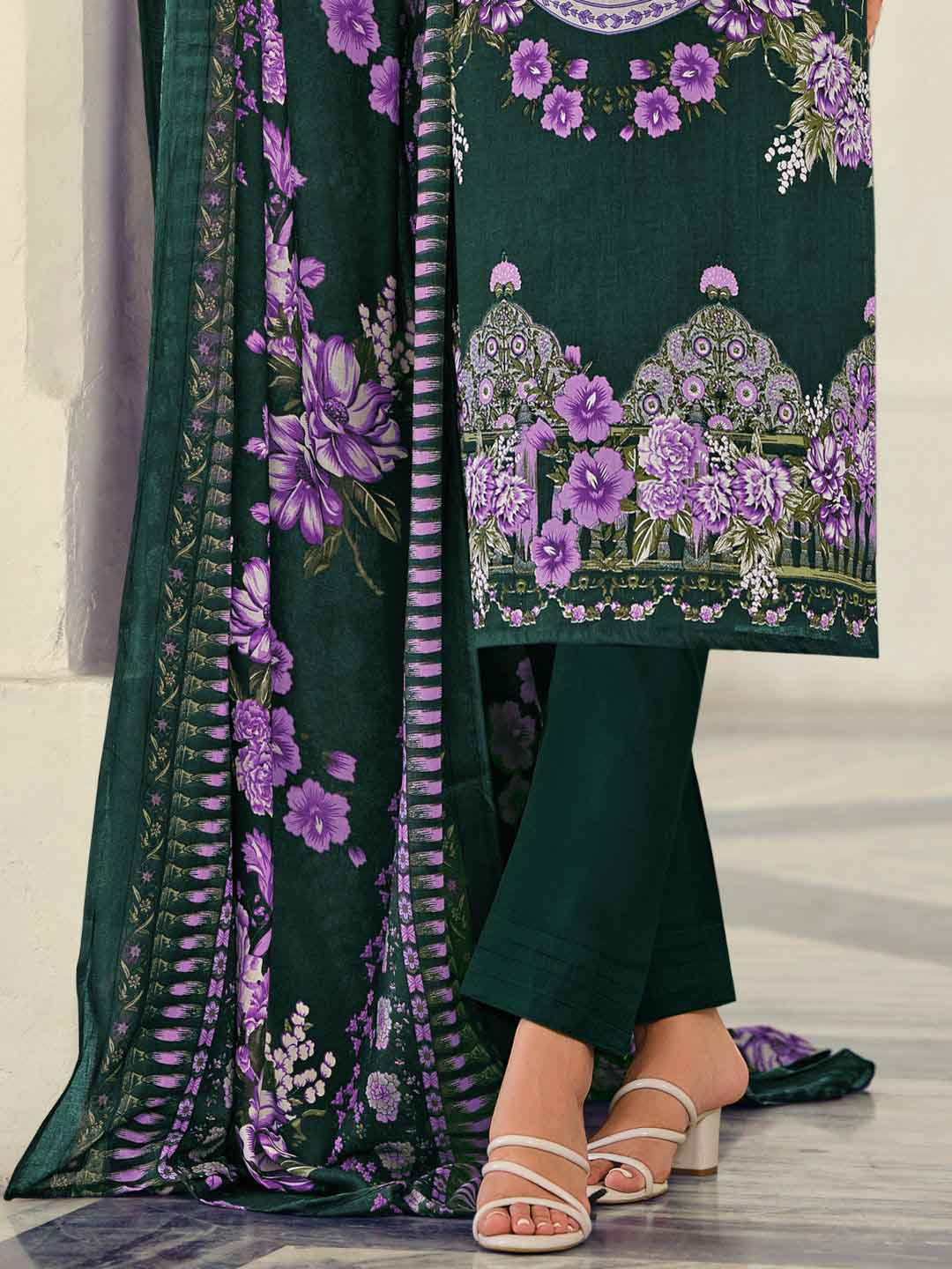 Green Pakistani Print Unstitched Cotton Suit Dress Material with Embroidery