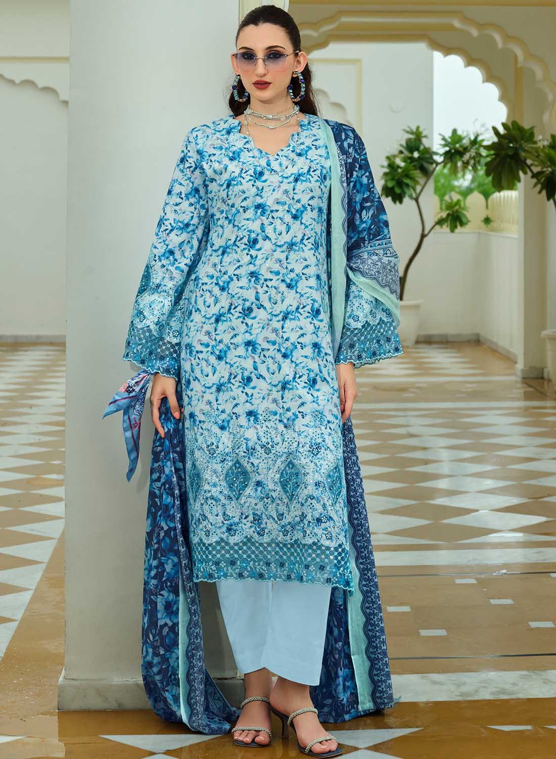 Pure Cotton Unstitched Pakistani Suit Dress Material with Embroidery Blue